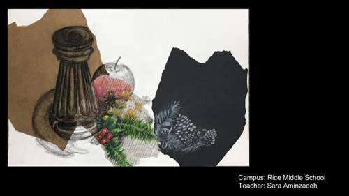 Still life drawing of salt shaker, apple and pine cone.  